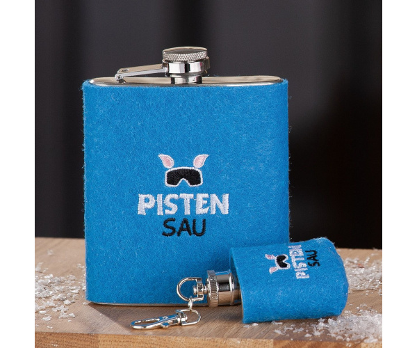Edelstahl-Flachmann mit Filzhülle "Pistensau"